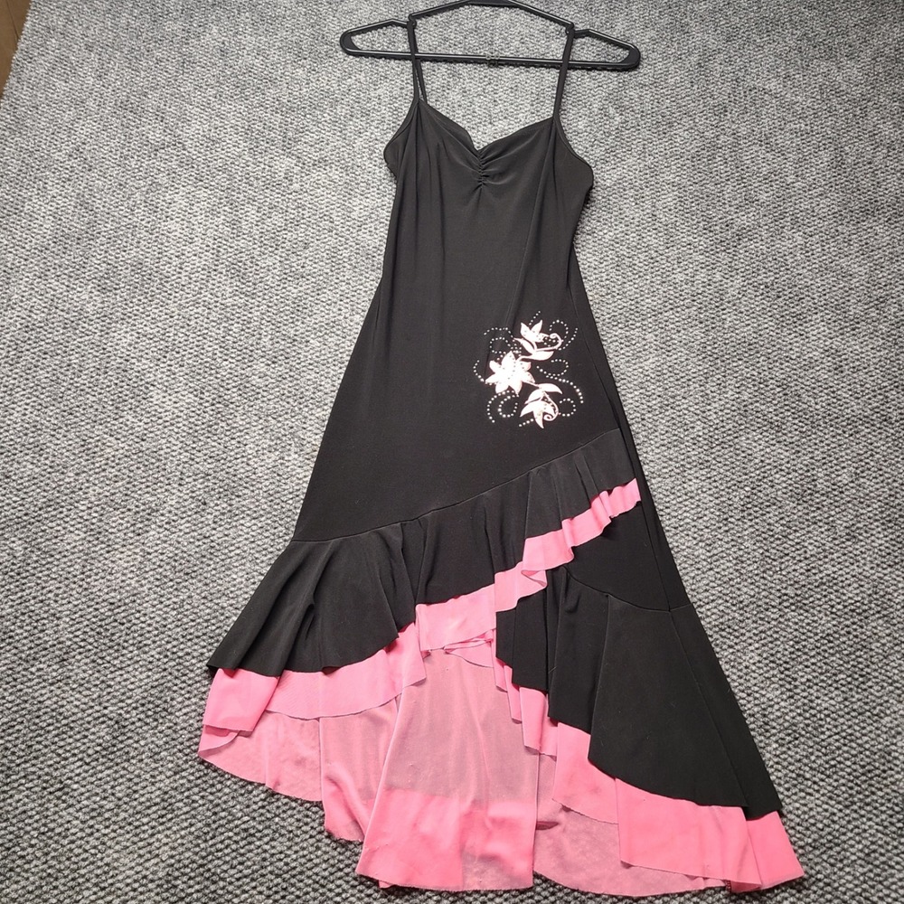 Y2K Solar USA Womens Black Pink Ruffle High Low Floral Rhinestone Dress Small
